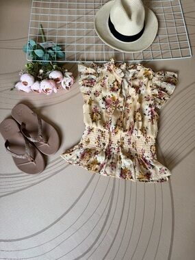 Joyfolie Cream Floral Smocked Peplum Blouse
